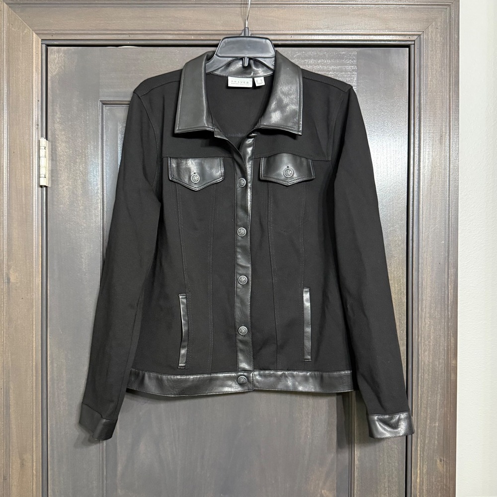 Susan Graver Black Knit Jacket Faux Leather Trim Crest Button Women Medium
